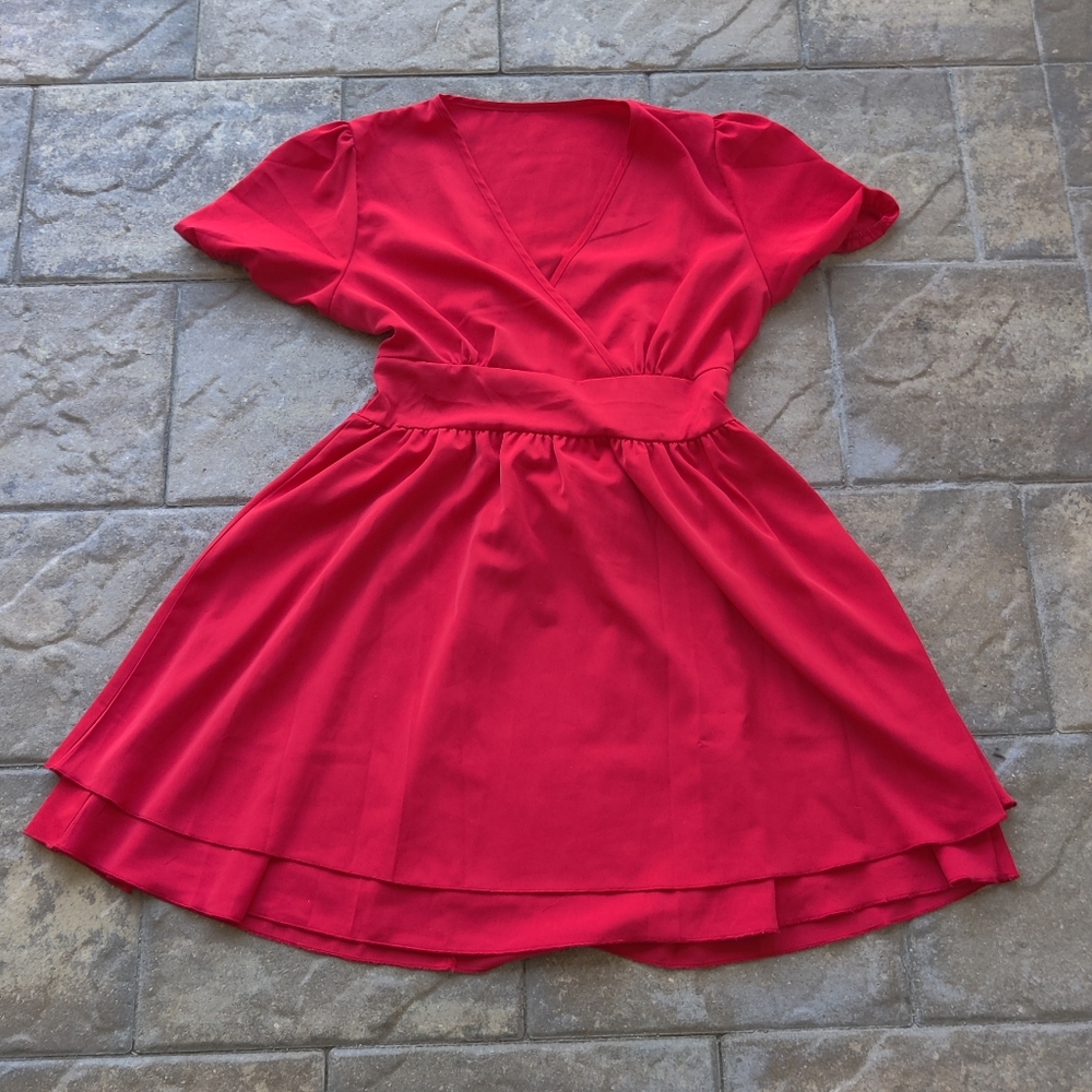 Vibrant Red Faux Wrap Dress